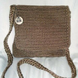 The SAK TAN CROSSBODY SHOULDER HANDBAG CROCHET PURSE MINI ZIP FOLDOVER FLAP